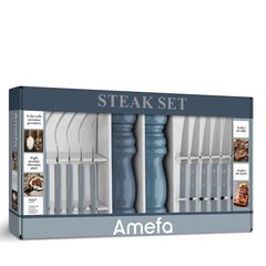 Amefa Steak galda piederumu komplekts + dzirnaviņu komplekts, 14 priekšmeti, gaiši zils cena un informācija | Galda piederumi | 220.lv