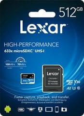 Lexar High-Performance 633x UHS-I MicroSDXC, 512 GB, Flash memory class 10, Black cena un informācija | Atmiņas kartes fotokamerām | 220.lv