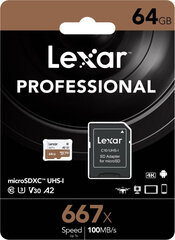 Lexar memory card microSDXC 64GB Pro 667X U3 V30 + adapter cena un informācija | Atmiņas kartes mobilajiem telefoniem | 220.lv