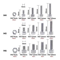 Sešstūra galvas skrūves M4 M5 M6, uzgriežņi, 264 gab. cena un informācija | Stiprinājumi | 220.lv