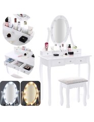 Kosmētikas/tualetes galdiņš ar LED apgaismojumu + pufas - balts cena un informācija | Kosmētikas galdiņi | 220.lv