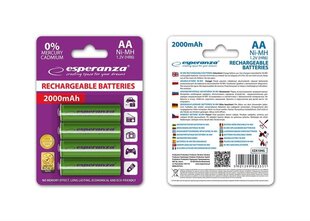 Lādējamās baterijas esperanza Ni-MH, AA, 2000mAh, 4gab., zaļas cena un informācija | Baterijas | 220.lv