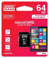 Atmiņas karte Goodram micro SDXC 64GB Class 10 + adapteris cena un informācija | Atmiņas kartes mobilajiem telefoniem | 220.lv