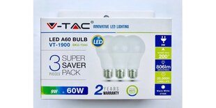 LED spuldze, 9W V-TAC, E27, A60, termoplastiskā, 2700K (silti balta), 3 gab. cena un informācija | Spuldzes | 220.lv