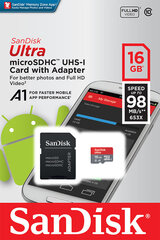 Atmiņas karte Secure Digital micro Ultra Android 16GB + SD adapteris 98MB / s A1 / Class 10 / UHS-I cena un informācija | Atmiņas kartes mobilajiem telefoniem | 220.lv
