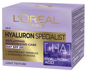Mitrinošs atjaunojošs ādas dienas krēms ar hialuronskābi L&#039;Oreal Paris Hyaluron Specialist SPF20 50 ml cena un informācija | Sejas krēmi | 220.lv