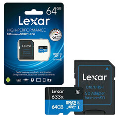 Lexar High-Performance 633x UHS-I micro SDXC, 64 GB, Class 10, U3, V30, A1, 45 MB cena un informācija | Atmiņas kartes mobilajiem telefoniem | 220.lv