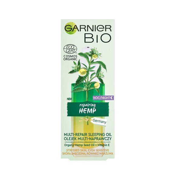 Atjaunojoša nakts sejas eļļa ar E vitamīnu Garnier Bio Repairing Hemp Multi-Repair Sleeping Oil, 30 ml cena