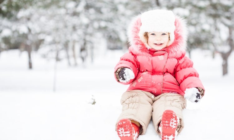 маленькая девочка в теплом зимнем комбинезоне