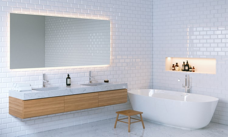 современная ванная с белой плиткой
